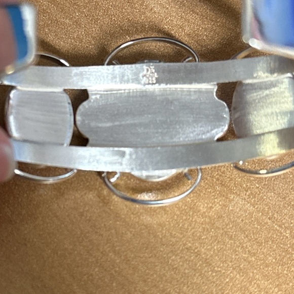 Rhodochrosite with small turquoise & lapis accents sterling silver cuff - Picture 9 of 10